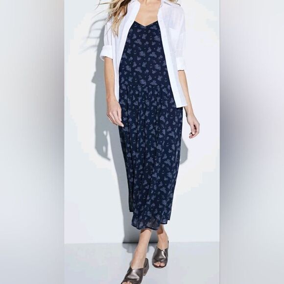 VINCE SP Coastal Navy Blue Calico Floral Print 100%SILK Cami Slip Midi Dress - Picture 3 of 13